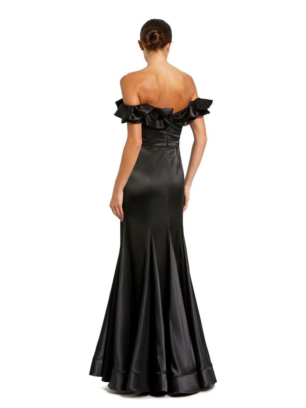 MACDUGGAL Off-Shoulder Black Satin Evening Gown with Floral Detail - Picture 3 of 7